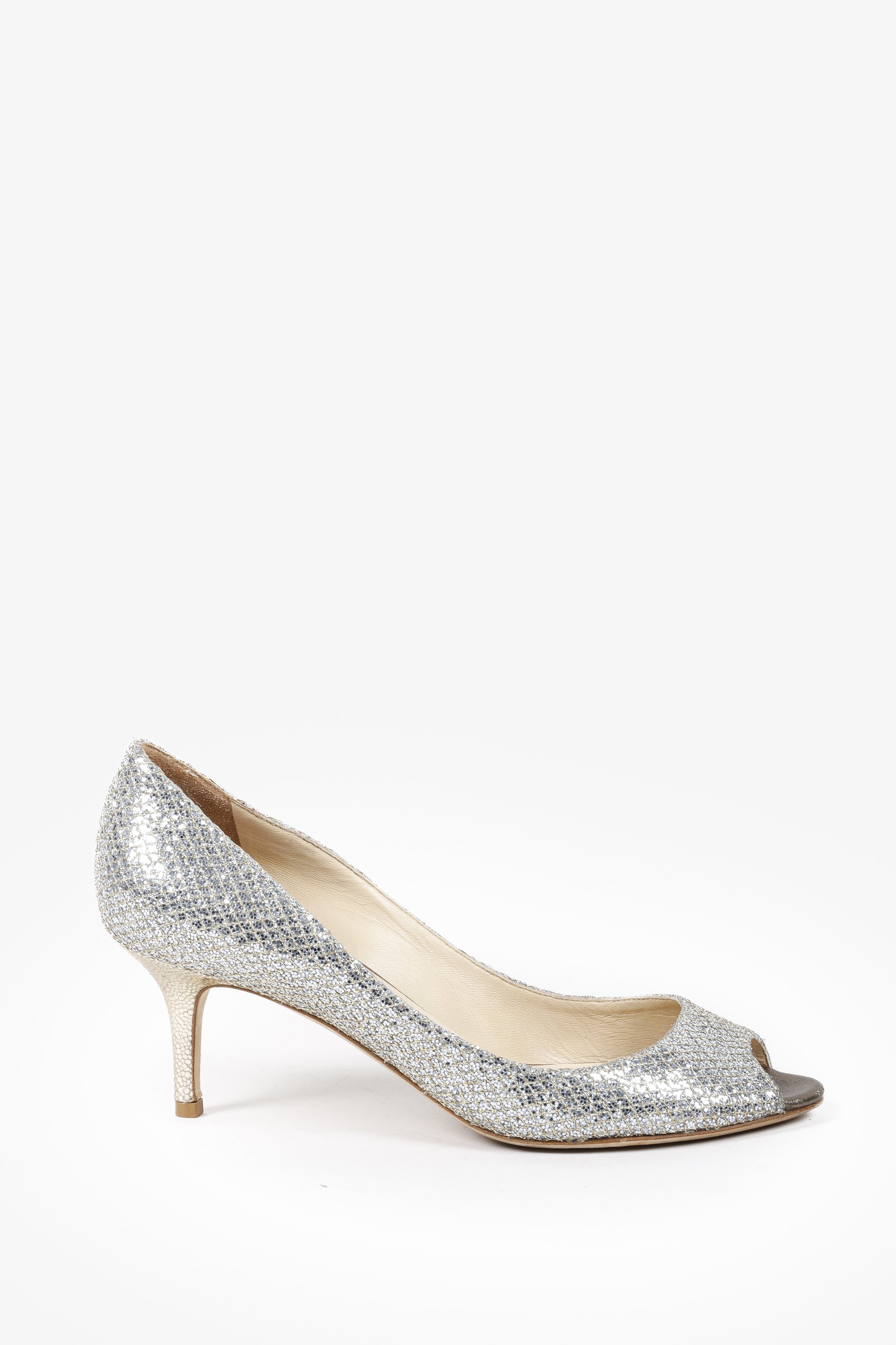 Jimmy Choo Peep Toe Champagne Glitter Pumps BLOGGER